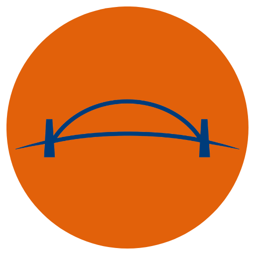 Harbour property consultants logo comprising a blue bridge on an orange background